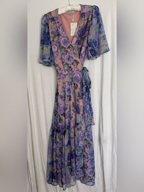 Hope & Ivy Floral Lavender Wrap Maxi Dress with Pink Accents